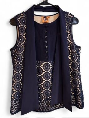 Tory Burch Navy Lace Sleeveless Blouse with Neck Tie
